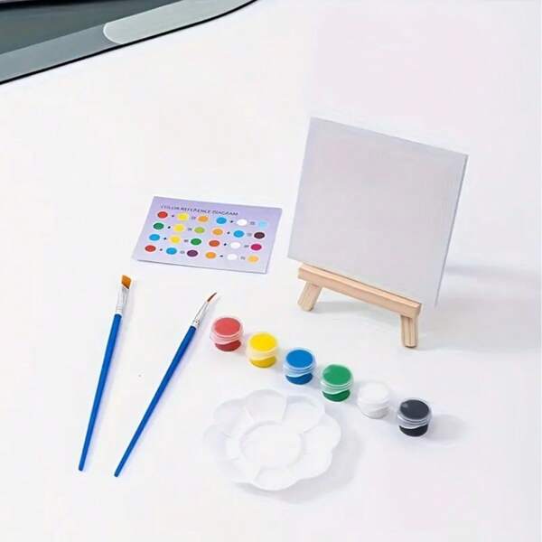 6pcs Set (Includes 1 Mini Stretched Canvas, Palette, 2 Brushes, Easel, 6 Paint Colors), Wooden Easel, Acrylic Primed Canvas, Suitable For Children's Painting, Acrylic Pouring, Oil Painting And Wet Art Media, DIY Miniature House Decor, Birthday, Mother's Day, Easter Gifts