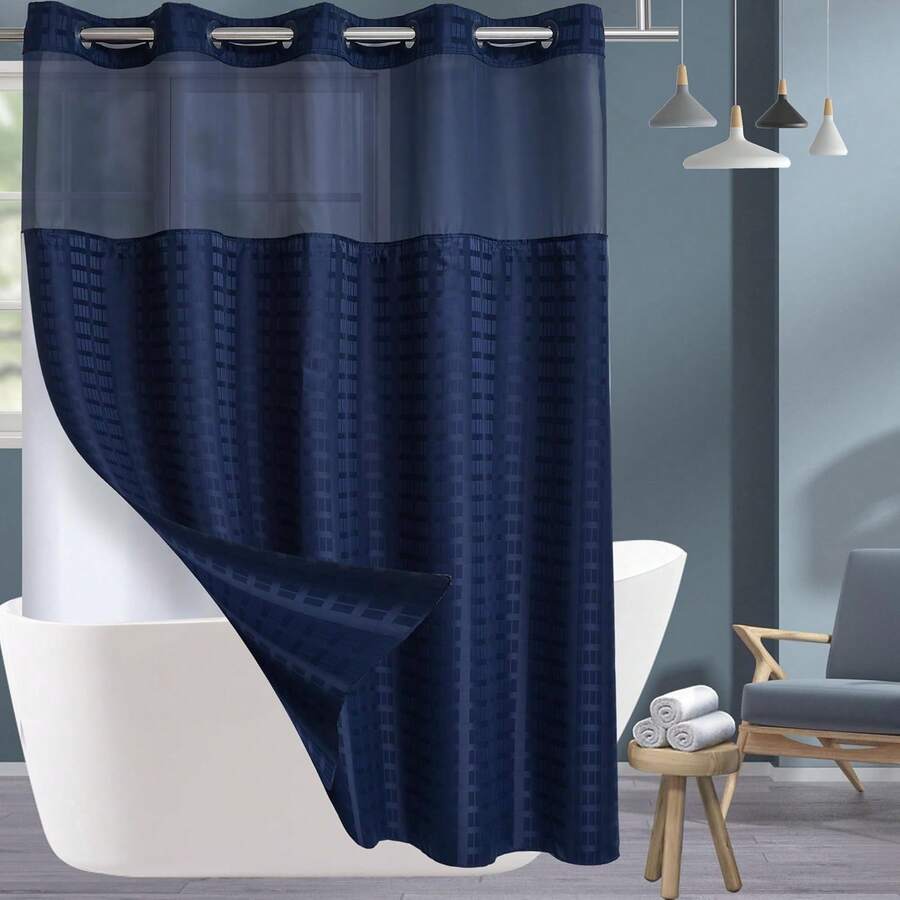 Wide Hotel Fabric Shower Curtain With Snap In Liner 108" X 74" For Bathroom Machine Washable Waterproof Repellent Shower Curtain (White 108" (W) X 74"(H)) - 格紋-海軍藍 - View 1