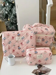 1件蝴蝶結花卉絎縫女孩化妝包，便攜式護膚美容化妝包附拉鍊，適合旅行與度假必需品，可收納衛生棉、口紅、香水、化妝刷，適合女性與學生，送給朋友的節日禮物 - 粉色 - 查看 2