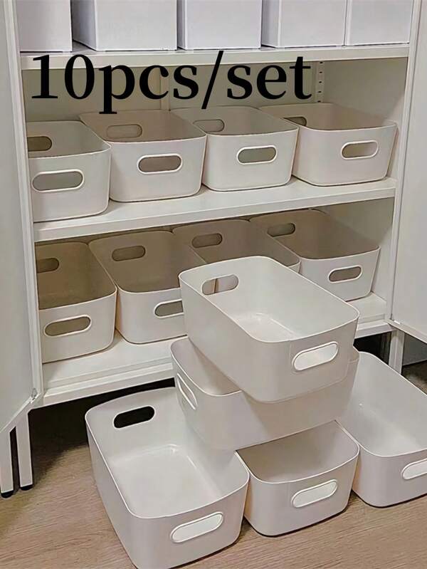 10-Piece White Plastic Storage Basket With Handle - Multifunctional Rectangular Storage Box For Kitchen Cabinets, Bathroom And Pantry - Perfect For Spices, Snacks Essentials, Shelf Basket