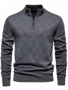 Men's Autumn/Winter New Half-Zip Casual Everyday Knit Pullover Sweater, Diamond Line Pattern