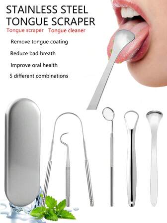 便携式刮舌器，用于去除舌苔、减少口臭的舌头清洁器，适合旅行和日常使用的不锈钢舌头清洁器，金属舌头清洁器，适合男士、妈妈、爸爸、朋友、新年、配饰、趣味礼物