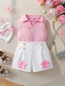 2 件套女婴夏季服装 0-3 岁，纯色翻领无袖上衣搭配粉色碎花白色短裤，女童时尚户外服装套装 - 粉色 - 查看 1