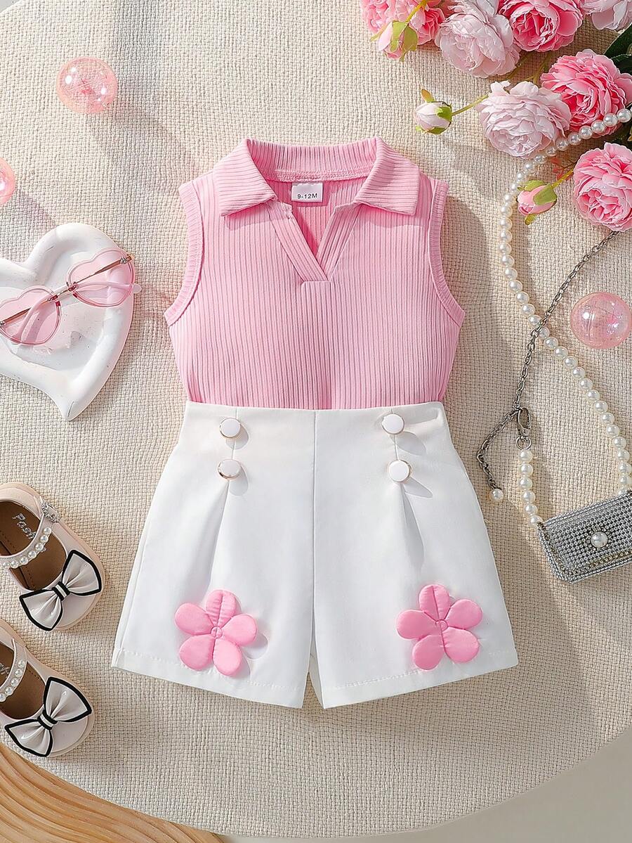 2 件套女婴夏季服装 0-3 岁,纯色翻领无袖上衣搭配粉色碎花白色短裤,女童时尚户外服装套装 - 粉色 - 查看 1