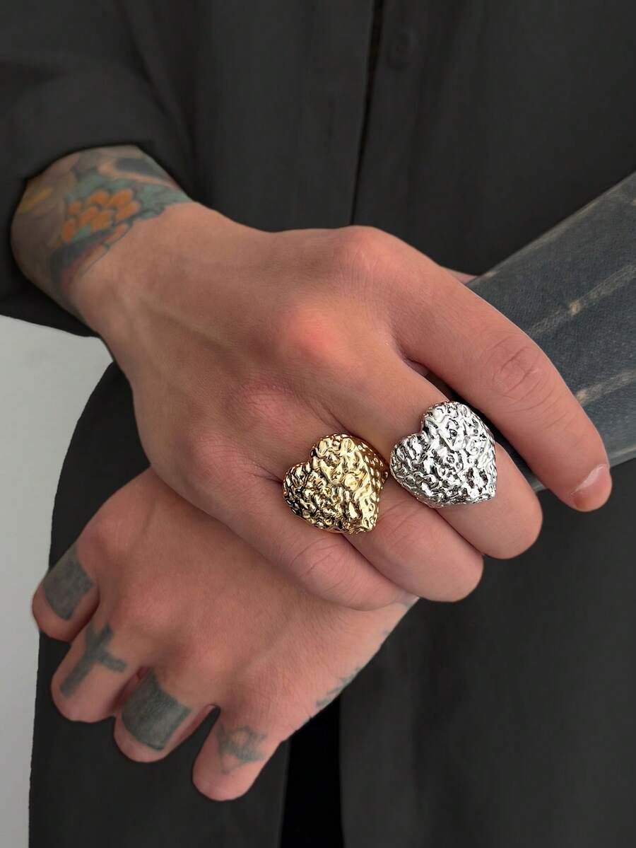 1 件个性化夸张厚心形戒指，金色液体纹理金属戒指，男士配饰，休闲和派对佩戴