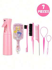 Set di 7 pezzi/6 pezzi/1 pezzo di pettini e flaconi spray, pettine in plastica antstatica con stampa a torre di cartone animato, ago per capelli portatile, flacone spray ad alta pressione, adatto per bambini e ragazze, capelli normali, manico in ABS, design quadrato carino, set di strumenti per parrucchieri