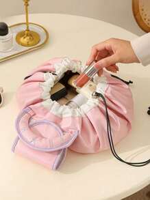 1 pièce Sac à maquillage grande capacité à cordon, sac cosmétique en PU imperméable portable, fourre-tout de voyage estival, sac de rangement multifonctionnel pour maquillage, idéal pour la fête des mères, les demoiselles d'honneur, les cadeaux pour les enseignants, les accessoires de mariage, les cadeaux de vacances