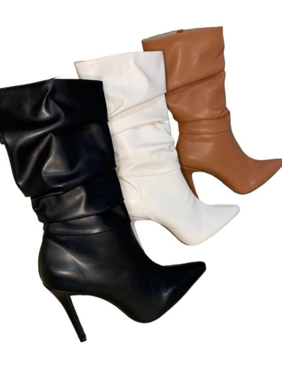 Women's Mid-Calf Boot With Thin Heel, Accordion-Style, Lined Zipper - trắng - Xem 1