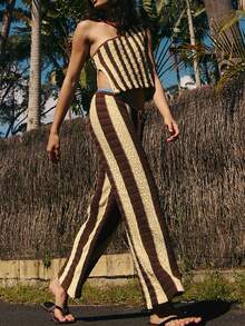 Beach Vacation Clothes For Women 2 Piece Outfits Summer Striped Crochet Knited One Shoulder Asymmetrical Hem Tank Tops WIde Leg Pants Tracksuits Y2k Lounge Outfits Beach Set - 咖啡棕 - 查看 4