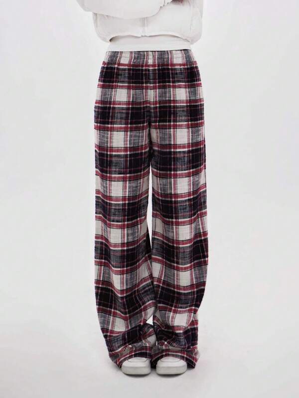Pantalon décontracté à carreaux rouges vintage avec taille élastique
