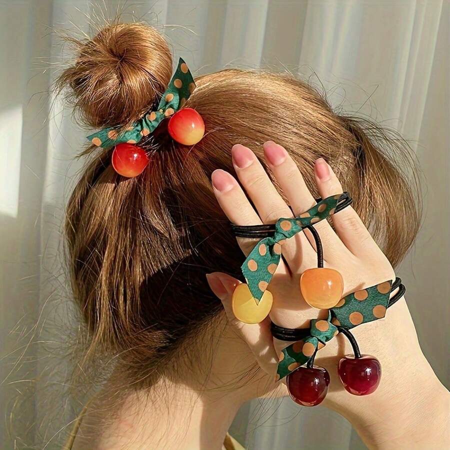 3 pièces Attache cheveux en forme de cerise pour femmes - Rouge vibrant avec ruban à pois verts, plastique durable, polyvalent pour toutes les saisons, cadeau idéal pour la Saint-Valentin