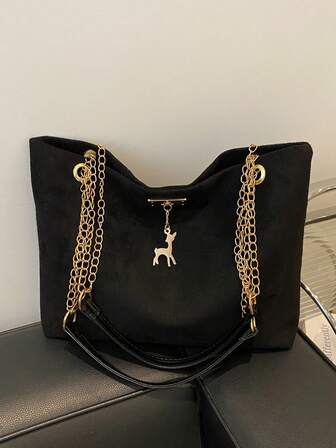 1pc Polyester Deer Decoration Large Capacity Zipper Closure Fashion Shoulder Tote Bag, Suitable For Women Daily UseSuitable For Shopping, Wallet, Shopping, Young Women, College Students, Newcomers, White-Collar Workers. Very Suitable For Office, College, Work, Business, Commuting, Outdoor Activities, Travel And Outings