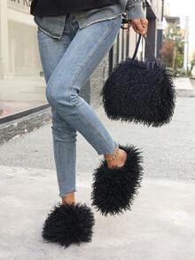 Women's Autumn/Winter Bohemian Cute Faux Fur Slip-On Slippers Combo Set - Black - View 3