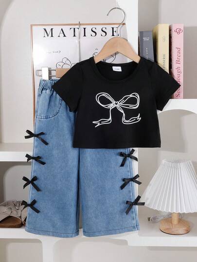 طقم بنات صيفي يتكون من تي شيرت بطبعة فراشة وبنطلون فضفاض مزين بالفراشات