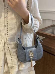 1pc Women's Solid Color Crescent Embroidery Fashion Crossbody Bag, Magnetic Closure - Blue - View 5