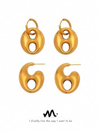 MiDuoDuo 1 对金属空心咖啡豆双色耳环，Miradar 椭圆形树脂猪鼻耳钉，小众时尚高端焦糖色长吊坠耳环，不锈钢女士耳环