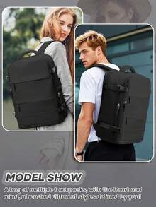 男女通用大号旅行背包，商务笔记本电脑背包，登机箱尺寸42x20x32，符合航空公司登机标准，防水，多功能独立鞋仓，干湿分离层，适合中学生旅行、上学、通勤和使用电脑。 - 黑色 - 查看 13