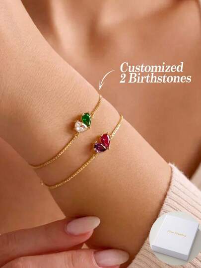 1 pièce Bracelet personnalisé avec pierre de naissance en forme de cœur, Bracelet avec deux pierres de naissance, Bracelet mère et fille, Cadeau d'anniversaire, Cadeau pour maman, Cadeau fête des mères