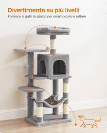 Albero per Gatti Alto 112 cm, Tiragraffi per Gatti, con 4 Pali Graffiatoi, 2 Posatoi, 1 Grotta, 1 Amaca, 2 Pompon, in Peluche a Più Livelli,  Grigio Chiaro - Grigio Chiaro - Visualizzare 4