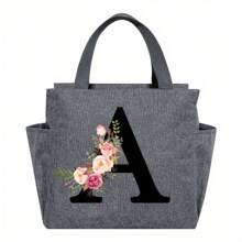 1pc Elegant Floral & Letter Tote Bag - Insulated Lunch Bag, Made Of Durable Polyester, Grey With Pink Flowers & Green Leaves, Suitable For Office, School And Outdoor Picnic