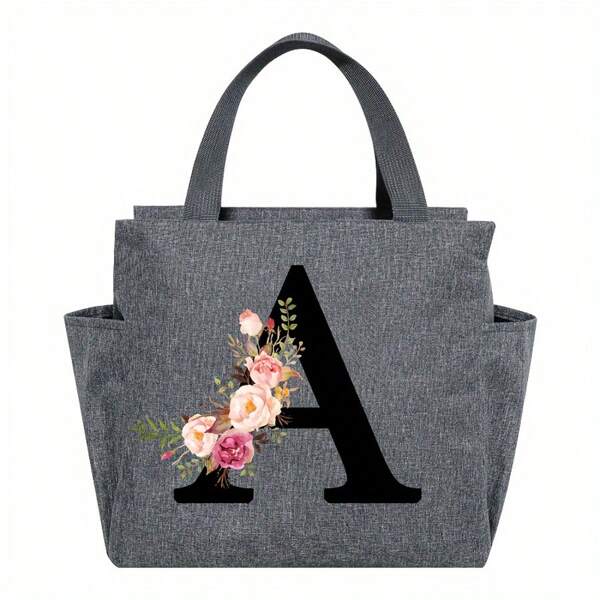 1pc Elegant Floral & Letter Tote Bag - Insulated Lunch Bag, Made Of Durable Polyester, Grey With Pink Flowers & Green Leaves, Suitable For Office, School And Outdoor Picnic