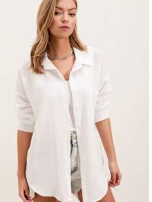 Áo sơ mi oversize cơ bản, màu trơn, thiết kế túi cài nút phía trước giản dị - trắng - Xem 1