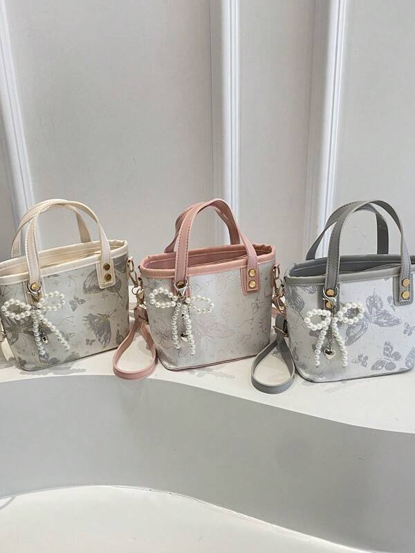 1 Peça Bolsa Feminina Estilo Chinês Estampa de Borboleta, Decoração de Pérola em PU, Bolsa de Ombro Transversal Balde, Adequada para Verão, Menina Casual de Rua Fofa, Viagem, Sessão Fotográfica, Presente de Festival