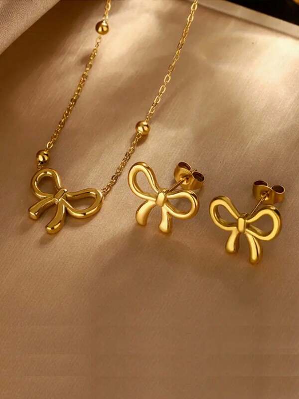Conjunto de joyería con cadena de clavícula con colgante de lazo hueco, aretes, regalos de joyería para la temporada de graduación de mujeres