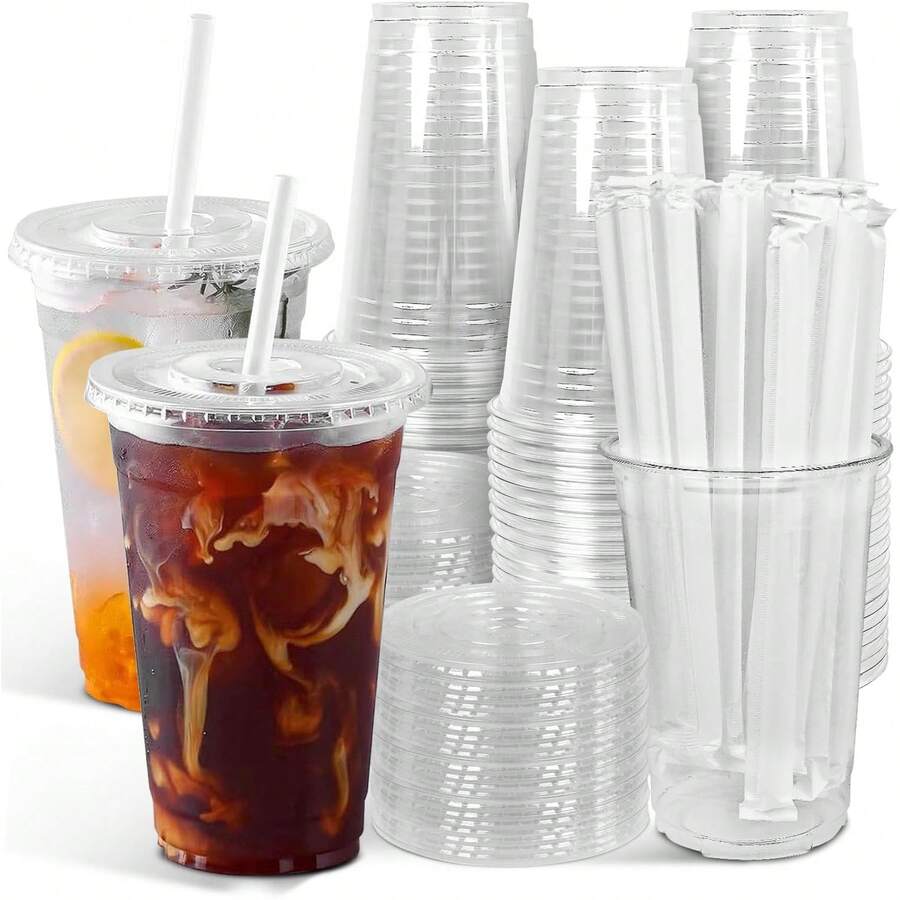 Ginkgo 100-Pack 20oz Clear Plastic Iced Coffee Cups With Lids And Straws, Disposable To Go Cups For Smoothies, Milkshake, Cold Beverages-Cb - 1 - 查看 1