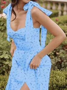 New Spring/Summer V-Neck Spaghetti Strap Tie-Up Fitted Polyester Ditsy Floral Backless Slit Maxi Dress, Vacation Style Boho Dress - Blue - View 3