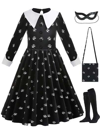 Kids Black Birthday Party Dress For Girls Carnival Costume Halloween Cosplay Children Fancy Outfit With Bag Eye Mask Socks Mardi Gras