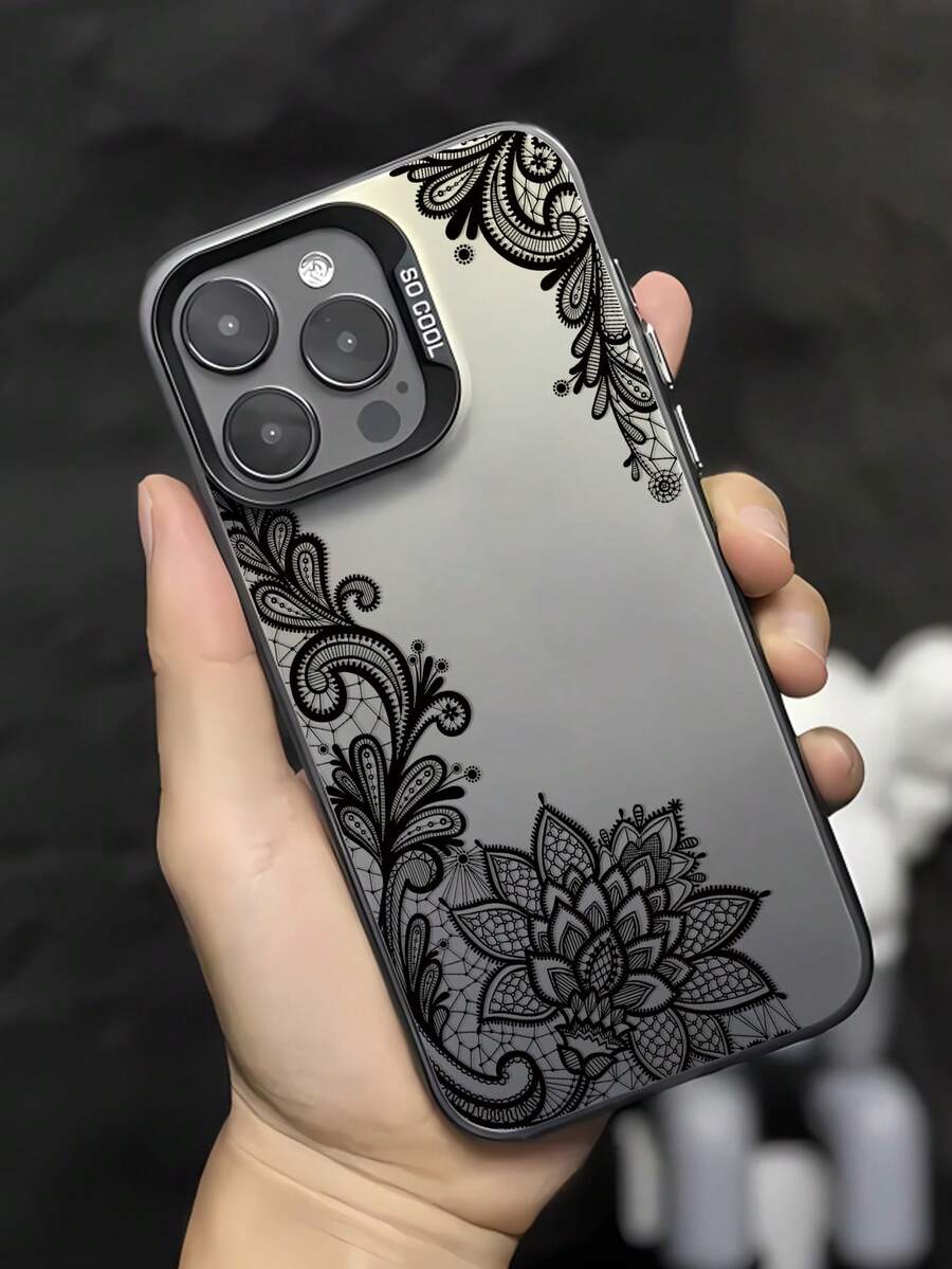 1pc Fashion Personalized Lace Floral Graphic Design Black IMD Anti-Scratch Anti-Fingerprint Phone Case, Compatible With IPhone 16/16Pro/16Plus/15/15ProMax/15Pro/11/12/13/14ProMax/11Pro/11ProMax/12Pro/12ProMax/13Pro/13ProMax/14Pro/14ProMax, High-End Creative - Multicolor - View 1