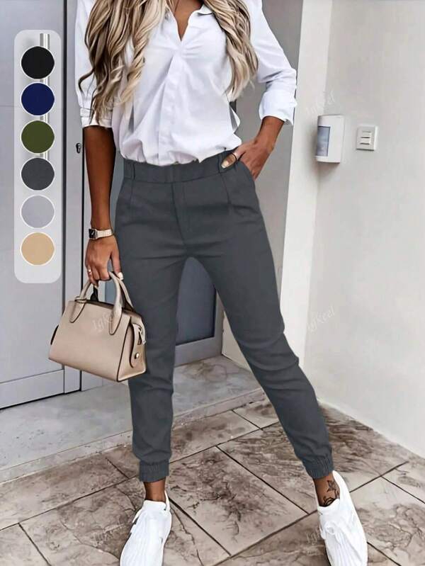 Primavera/Verão, Calças elegantes de cintura alta e ajuste fino para mulheres - Cor sólida, preta, poliéster, lavável à máquina com bolsos inclinados e detalhes de botão, perfeitas para o trabalho e uso casual e deslocamento diário