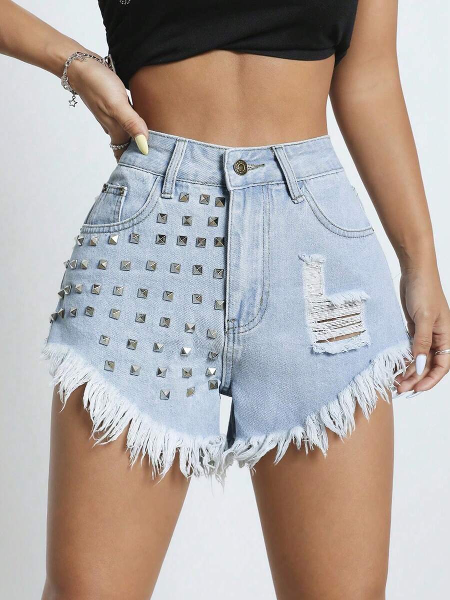 Women's Fashion Frayed Edge Rivet Embellished Personalized Street Patchwork Ripped Casual Denim Shorts, Summer - Light Blue - View 1