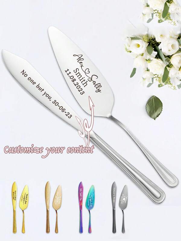 2 peças de faca de bolo personalizada de aço inoxidável gravada, conjunto de corte de bolo com cabo de cristal personalizado para casamento, espátula, cortador de pizza e queijo, utensílios de panificação, faca de bolo de aço inoxidável personalizada com nome gravado, tamanho da faca: 33,5 cm/13,2 pol., tamanho da pá: 27,5 cm/10,8 pol., conjunto de faca e garfo para bolo de casamento, conjunto de corte de bolo para casamento, aço inoxidável elegante, adorável, colorido personalizado, personalizado, único, presentes ideais para amigos, casa, escritório