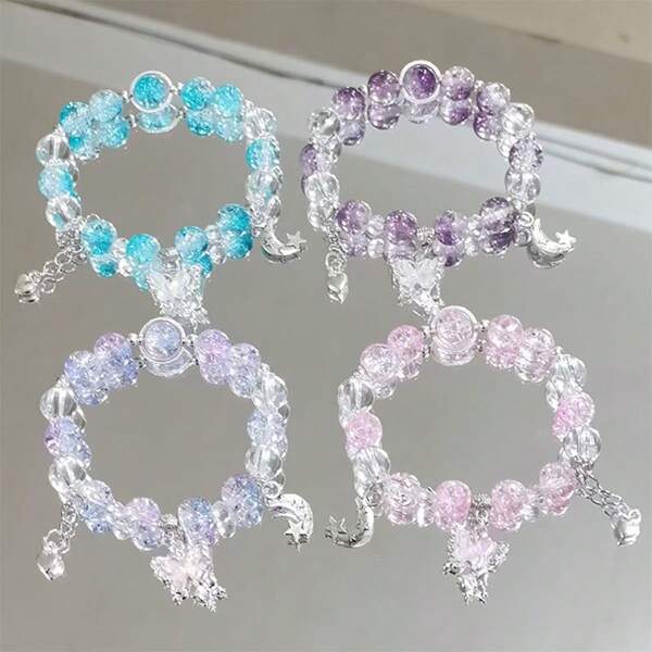 1pc Moon & Star Beaded Bracelet, Butterfly And Heart Pendant Charm Bracelet, Multi-Color Fashionable & Sweet Star Moon Beaded Handmade Bracelet, Suitable For Men & Women Daily Wear, Party, Dating, Perfect Gift For Friends & Family
