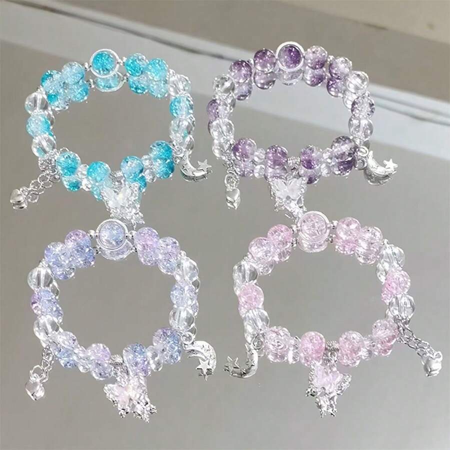 1 件月亮和星星串珠手链，蝴蝶和心形吊坠手链，多色时尚甜美星月串珠手工手链，适合男女日常佩戴、派对、约会，是送给朋友和家人的完美礼物 - 星月蝴蝶愛心手鍊 - 查看 1