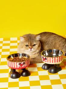 1pc Elevated Cartoon Cat Dog Pet Food Water Bowl With Spill Prevention, Raised Feeder