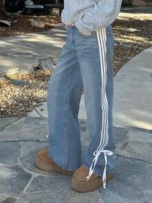 2025 Cross-Border New Products In Stock American Y2k Street Popular Bow Webbing Low-Rise Straight Women's Jeans