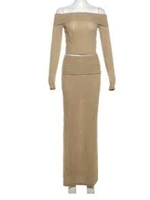 1 conjunto Conjunto de top corto ajustado de un solo color sin tirantes y falda tubo de la calle - Caqui - Ver 1