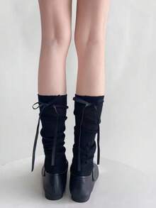 1/2 双女式芭蕾风格条纹及膝袜，带蝴蝶结装饰，白色/黑色，适合春/夏/秋季，Y2K