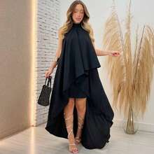 High Neck Long Dress Made Of Duna Fabric Plain Simple Elegant Party Fabric Backless/Backless Knot Dress Beach Birthday Party Daily Garden Photoshoot Travel - 黑色 - 查看 4