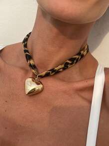 1pc Bohemian Leopard Print Rope Chain Necklace With Thick Starfish, Sun, Flowers, Heart Shells, Beach Style Jewelry Gift For Women
