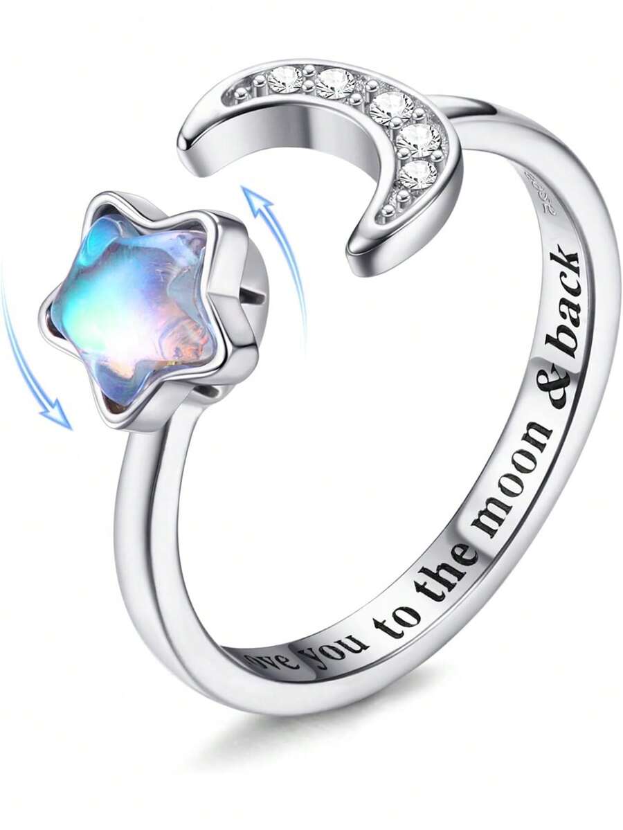 Milacolato 925 Sterling Silver Fidget Rings For Women Girl Open Adjustable Moonstone Anxiety Rings CZ Moon Star Spinner Ring Lettering Knuckle Promise Wedding Engagement Rings With Gift Boxed - Silver - View 1