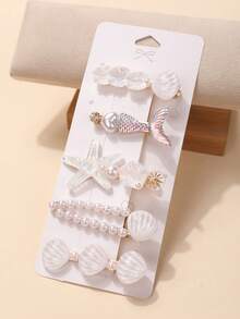5pcs/Pack Mermaid Shell Hair Clips, Cute Kawaii Lovely Girls Side Crab Clips, Korean Fashion Bangs Hair Accessories - Multicolor - View 6