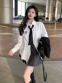 Camisa blanca suelta y versátil con estilo universitario distinguido y corbata, nueva blusa de manga larga para primavera/verano para mujer - Blanco - Ver 4