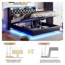 Letto matrimoniale, 140x200cm, 160x200cm, con testiera imbottita e rete a doghe, pediera nascosta con supporto idraulico, letto flottante, letto imbottito, struttura letto per ragazzi, PU, design moderno e minimalista, nero