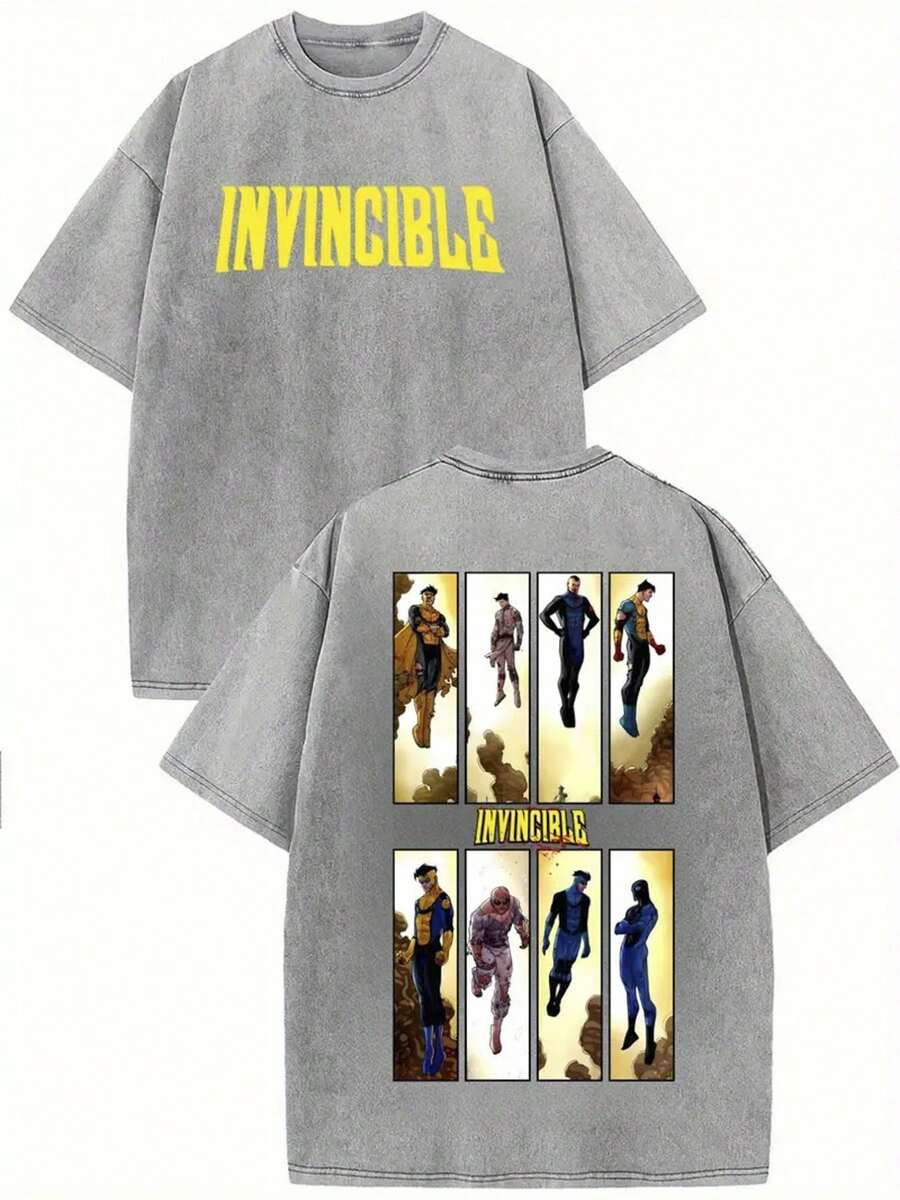 Summer T-Shirt, 230G Double-Sided Washed T-Shirt, "Retro Invincible Kid Anime Conqueror", Pattern Printed T-Shirt, Wax Printed Cotton Thickness, Outdoor Activities, Great Gift Item W - 深灰色 - 查看 1