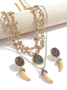 5pcs Multi-Layer Tooth-Shaped Pendant Necklace & Earrings Set, Fashion Engraved Medal And Ox Horn Pendant Metal Chain Necklace Earrings Set, Inlaid With Various Metal Pieces With Knotted Rope And Metal Chain Links, Suitable For Women Party, Daily Wear, Gift (Pendant Position Random)