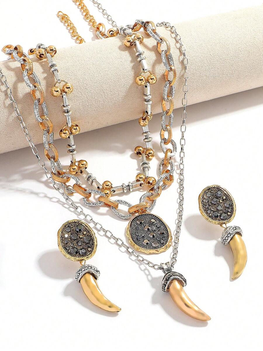 5pcs Multi-Layer Tooth-Shaped Pendant Necklace & Earrings Set, Fashion Engraved Medal And Ox Horn Pendant Metal Chain Necklace Earrings Set, Inlaid With Various Metal Pieces With Knotted Rope And Metal Chain Links, Suitable For Women Party, Daily Wear, Gift (Pendant Position Random)